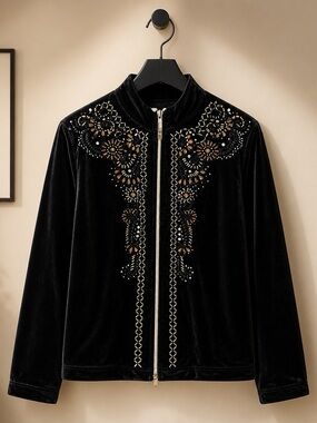 D&G Black Velvet Zip-Front Jacket with Gold & Silver Embellishment